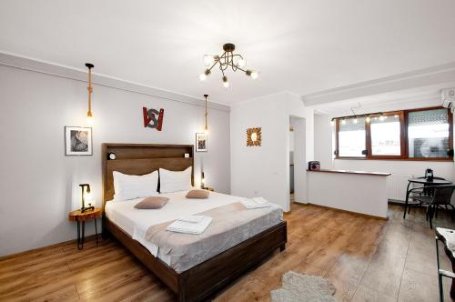 1 dormitorio con 1 cama grande en una habitación en Wood&Steel Apartment, en Galaţi