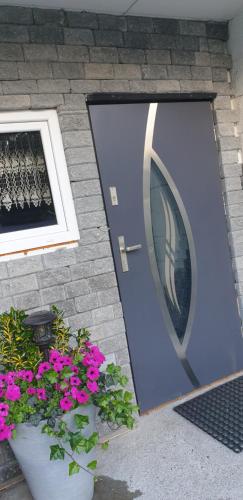 a door with a window and flowers in front of it at Studio 4 in Dalen