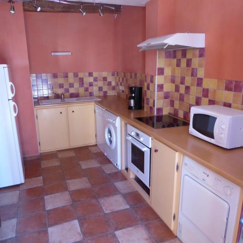 une cuisine avec un micro-ondes et une cuisinière four supérieur dans l'établissement Maison à Saint-Nicolas des Biefs, à Saint-Nicolas-des-Biefs