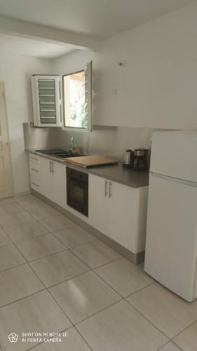 een keuken met witte kasten, een wastafel en een koelkast bij Villa tropicale charmant T2 dans un cadre verdoyant in Gros-Morne