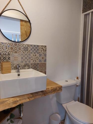 La salle de bains est pourvue d'un lavabo, de toilettes et d'un miroir. dans l'établissement Bungalow A Gandriña 2, à Ponte Do Porto