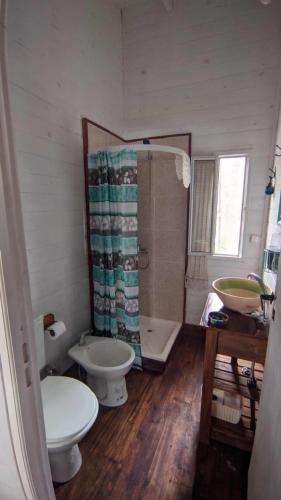 a bathroom with a toilet and a shower and a sink at Cabaña de las mariposas in Tigre