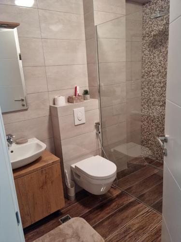 a bathroom with a toilet and a sink and a shower at apartman Kami in Tuzla