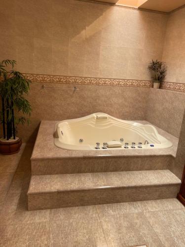 uma banheira de hidromassagem no canto de uma casa de banho em Hotel la finca em Ezequiel Montes