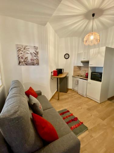 un salon avec un canapé et une cuisine dans l'établissement Charmant appartement Cité international - Gastronomie & Vin - Dijon, à Dijon