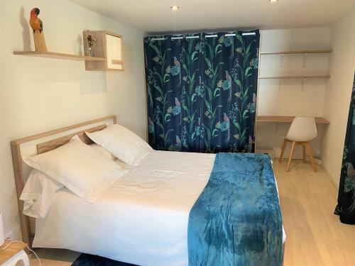 - une chambre avec un lit doté d'un rideau de douche bleu dans l'établissement Maison d'hôtes A la fontaine fleurie 88, à Frémifontaine