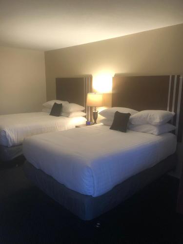 a hotel room with two beds and a lamp at Red Lion Inn and Suites La Pine, Oregon in La Pine