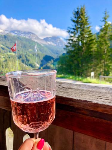 a person holding a glass of wine with a view at Sonniges Chalet Arosa für 6 Pers alleinstehend mit traumhaftem Bergpanorama in Langwies