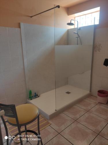 y baño con ducha y puerta de cristal. en Grande chambre avec garage dans quartier historique, en Perpiñán