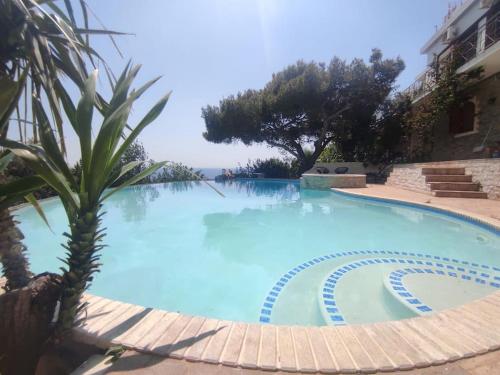 ラゴニッシにある3-house Villa with amazing infinity poolの建物の隣にある青い大型スイミングプール