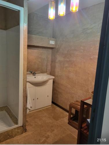 une salle de bain avec un lavabo, des toilettes et une douche dans l'établissement Cap Corse une villa dans un nid de verdure, à San-Martino-di-Lota