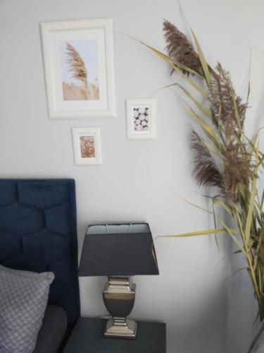 a living room with a chair and a lamp at Apartament Blue Sky in Lubin