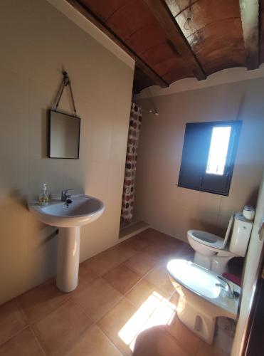La salle de bains est pourvue d'un lavabo et de toilettes. dans l'établissement Cortijo La Torquilla Laguna Fuente de Piedra, à Malaga