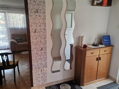 a room with a mirror and a wooden cabinet at Apartment Dragica in Kornić