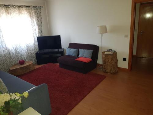a living room with a couch and a television at Casa da Oliveira in Mondim de Basto
