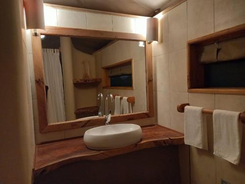 uma casa de banho com um lavatório branco e um espelho. em Mara Maisha Camp em Talek