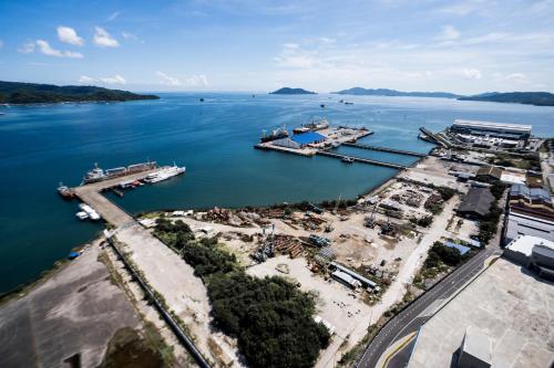 an aerial view of a marina in the water at Jesselton Quay by Pinstay in Kota Kinabalu