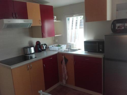 une cuisine avec des armoires rouges, un évier et un réfrigérateur dans l'établissement Mobil-Home dans lotissement très tranquille, à Vescovato