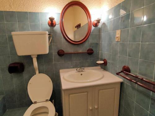 une salle de bain avec toilettes, lavabo et miroir dans l'établissement Charmant 2 Pièces 4/6 Pers Centre Ville, Balcon, Cuisine Équipée, Parking - FR-1-234-130, à Cauterets