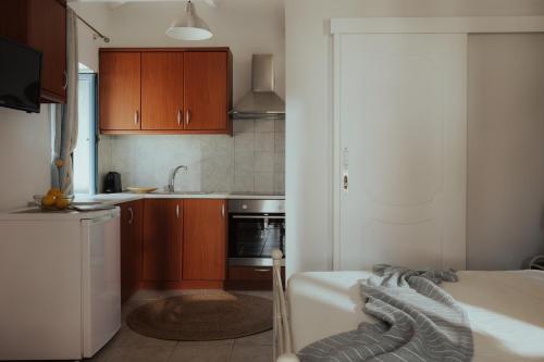 a small kitchen with a bed in a room at Sea Mansion Lefkada in Nikiana