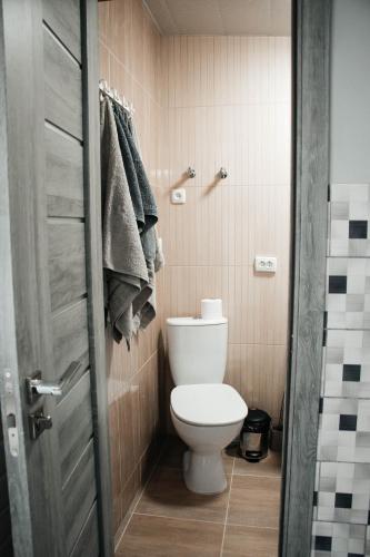 a bathroom with a toilet and a towel rack at Ecottage котедж для двох у горах із чаном-джакузі in Slavske