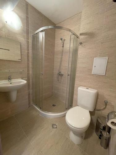 a bathroom with a shower and a toilet and a sink at PSB Apartments in Villa Astoria 6 in Elenite
