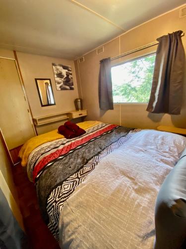 une petite chambre avec un lit et une fenêtre dans l'établissement Mobilhome sous chalet en bois à la ferme, à Josnes