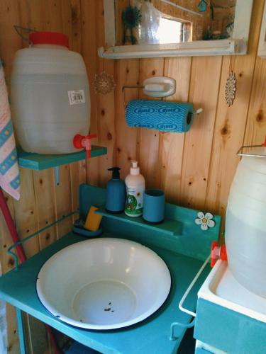baño con encimera azul y lavamanos en Maringotka Ivetka, en Luže
