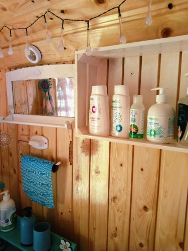 una fila de botellas de loción en un estante del baño en Maringotka Ivetka, en Luže