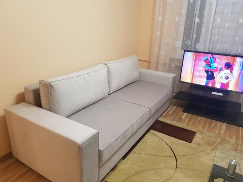 białą kanapę w salonie z telewizorem w obiekcie STUDIO Kasprzaka 11A w Łodzi