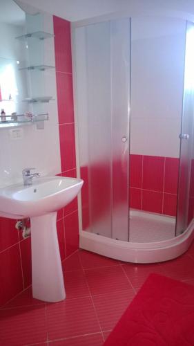 a bathroom with a sink and a shower at Pensiunea Valcinet in Borşa