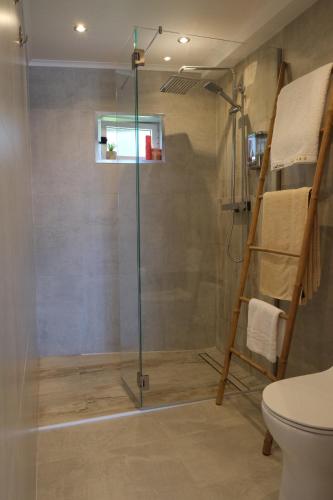 a shower with a glass door in a bathroom at Azores 5 estrelas in Porto Judeu