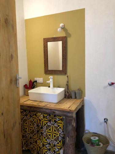 a bathroom with a white sink and a mirror at BONDENI BEACH HOUSE in Jambiani