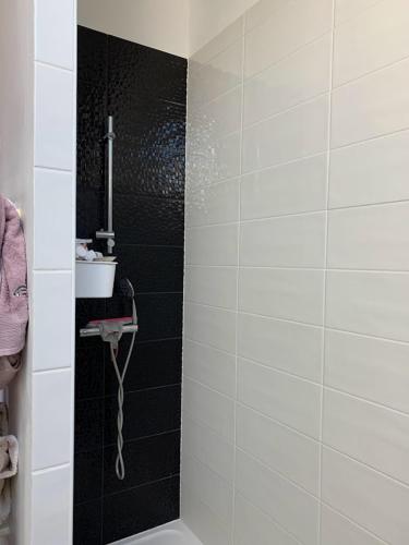 La salle de bains est pourvue d'une douche avec du carrelage noir et blanc. dans l'établissement Loft avec terrasse pour 4 pers à 3km du circuit avec garage au calme, au Mans
