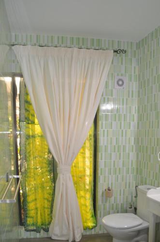 a bathroom with a shower curtain and a toilet at HOTELITO RURAL GA7COLORES only adult in Montaña Blanca