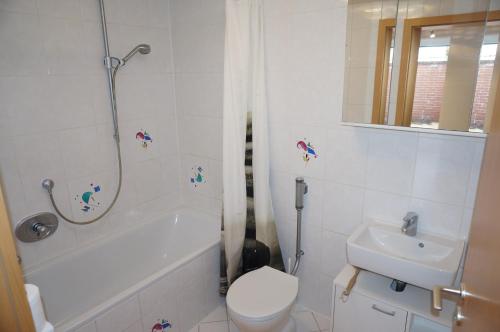 een badkamer met een toilet, een douche en een wastafel bij Apartment Germersheim in Germersheim