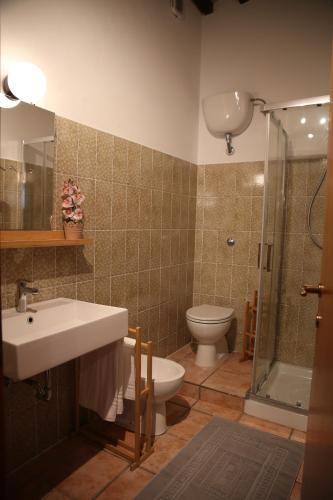 een badkamer met een wastafel, een toilet en een douche bij Appartamenti il PALAZZACCIO in Acqualagna