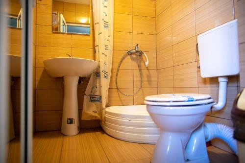 a bathroom with a toilet and a sink at Motel Aris Meridian in Piatra Neamţ