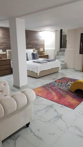 a large room with a bed and a rug at MINI POOL ROOMS - ULTRACENTRAL - piscina cu hidromasaj in Oradea
