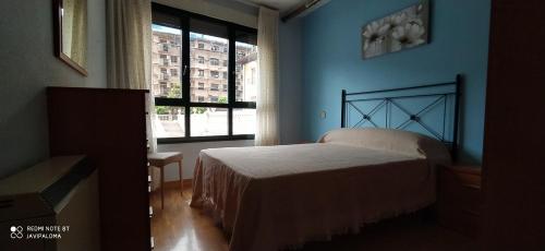 1 dormitorio con cama y ventana en Apartamentos xistra, en Cangas del Narcea