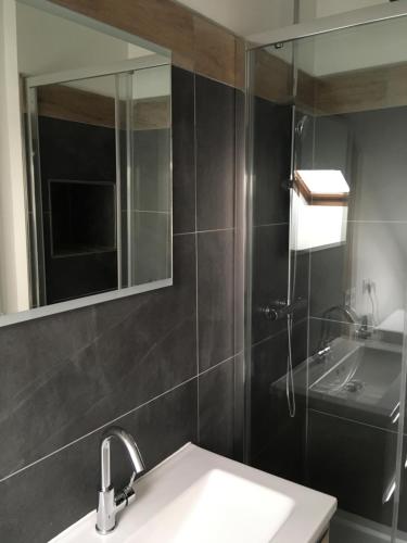 une salle de bain avec un lavabo, un miroir et une douche dans l'établissement Le petit Beillard, à Gérardmer