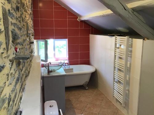 un bagno con lavandino e vasca da bagno di Coucou cottage a Saint-Congard