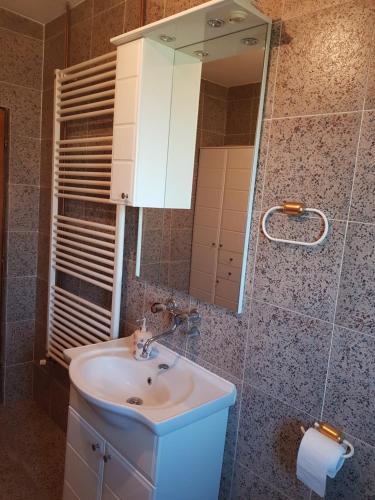 a bathroom with a sink and a mirror at Apartman Petar in Trebinje