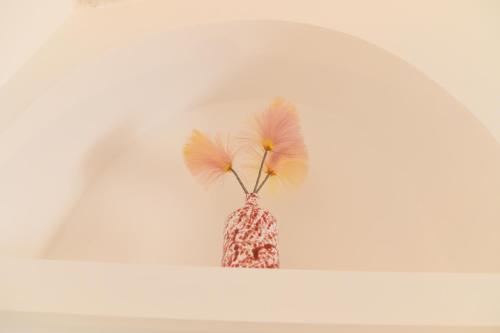 a vase with pink flowers in a room at LUXURY ROOM CASSESE in Ceglie Messapica