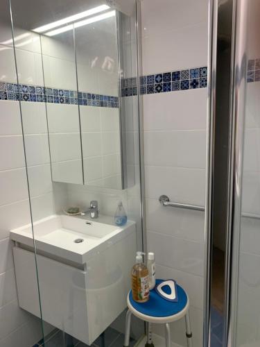 a white bathroom with a sink and a shower at Chambre d'hôtes Fauvart Antony Réal in Orange