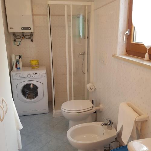 a bathroom with a toilet and a washing machine at Baita Bocheto Vetriolo Levico Terme in Vetriola