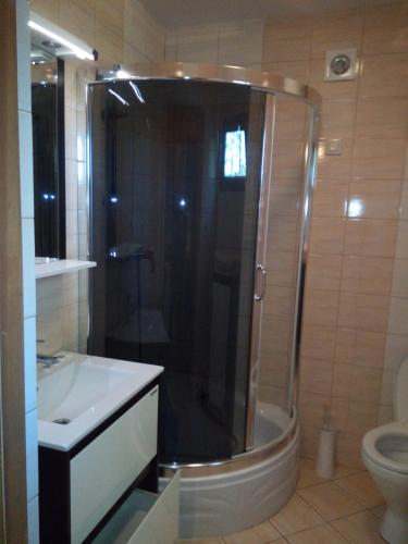 ein Badezimmer mit Dusche, Waschbecken und Toilette in der Unterkunft Zajazd Przystanek Piławki in Piławki