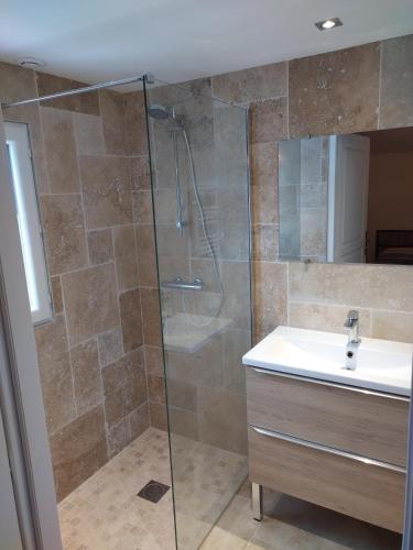 une salle de bain avec douche et lavabo dans l'établissement Villa calme et tranquillité, à Seillons-Source-dʼArgens