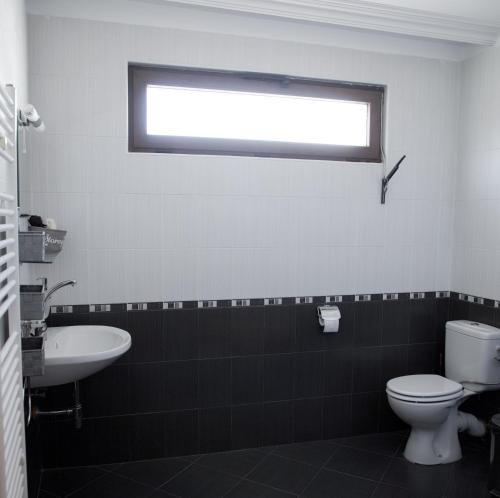 a bathroom with a toilet and a sink and a window at Guesthouse Gaby in Sapareva Banya