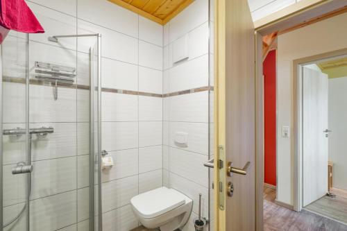 a bathroom with a toilet and a glass shower at La Mer in Altefähr
